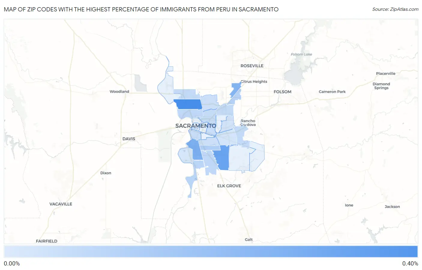 Zip Codes with the Highest Percentage of Immigrants from Peru in Sacramento Map