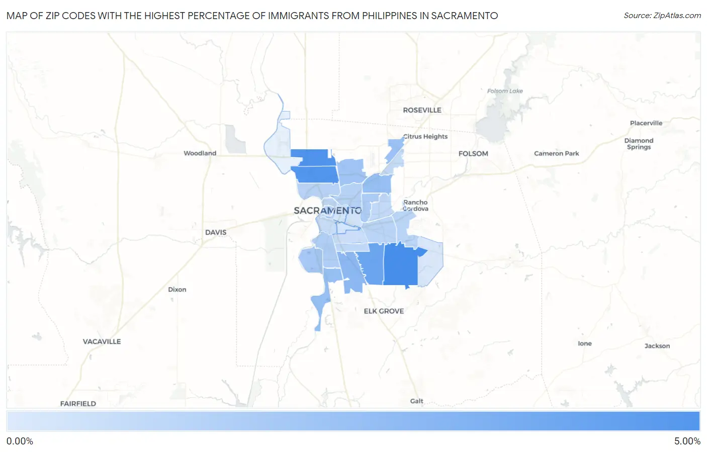 Zip Codes with the Highest Percentage of Immigrants from Philippines in Sacramento Map