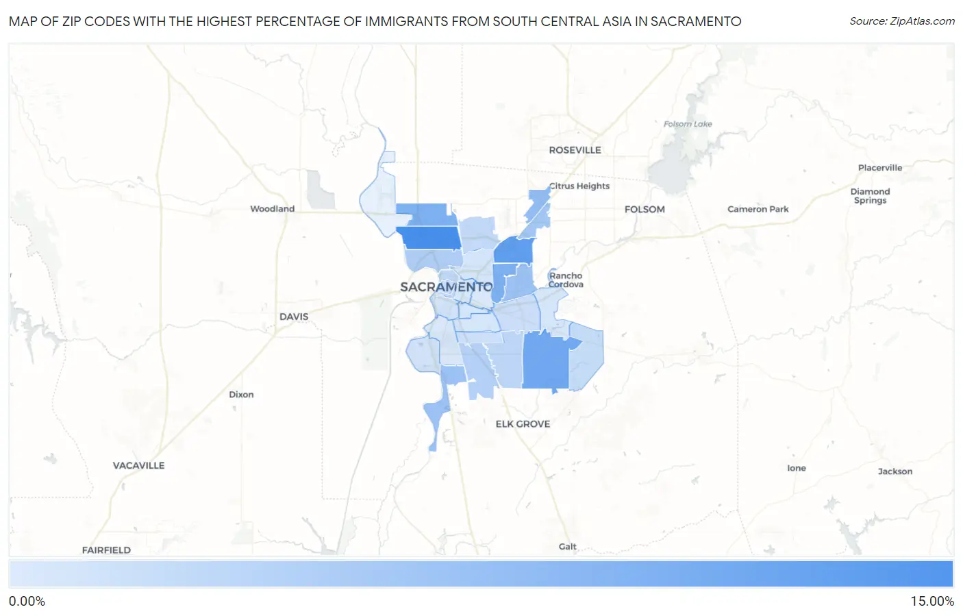 Zip Codes with the Highest Percentage of Immigrants from South Central Asia in Sacramento Map