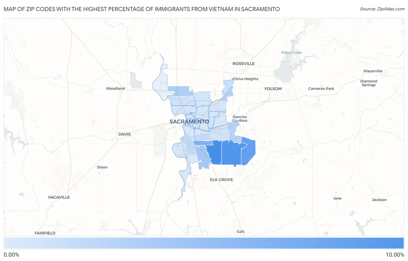Zip Codes with the Highest Percentage of Immigrants from Vietnam in Sacramento Map