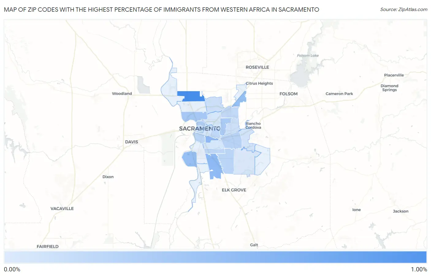 Zip Codes with the Highest Percentage of Immigrants from Western Africa in Sacramento Map