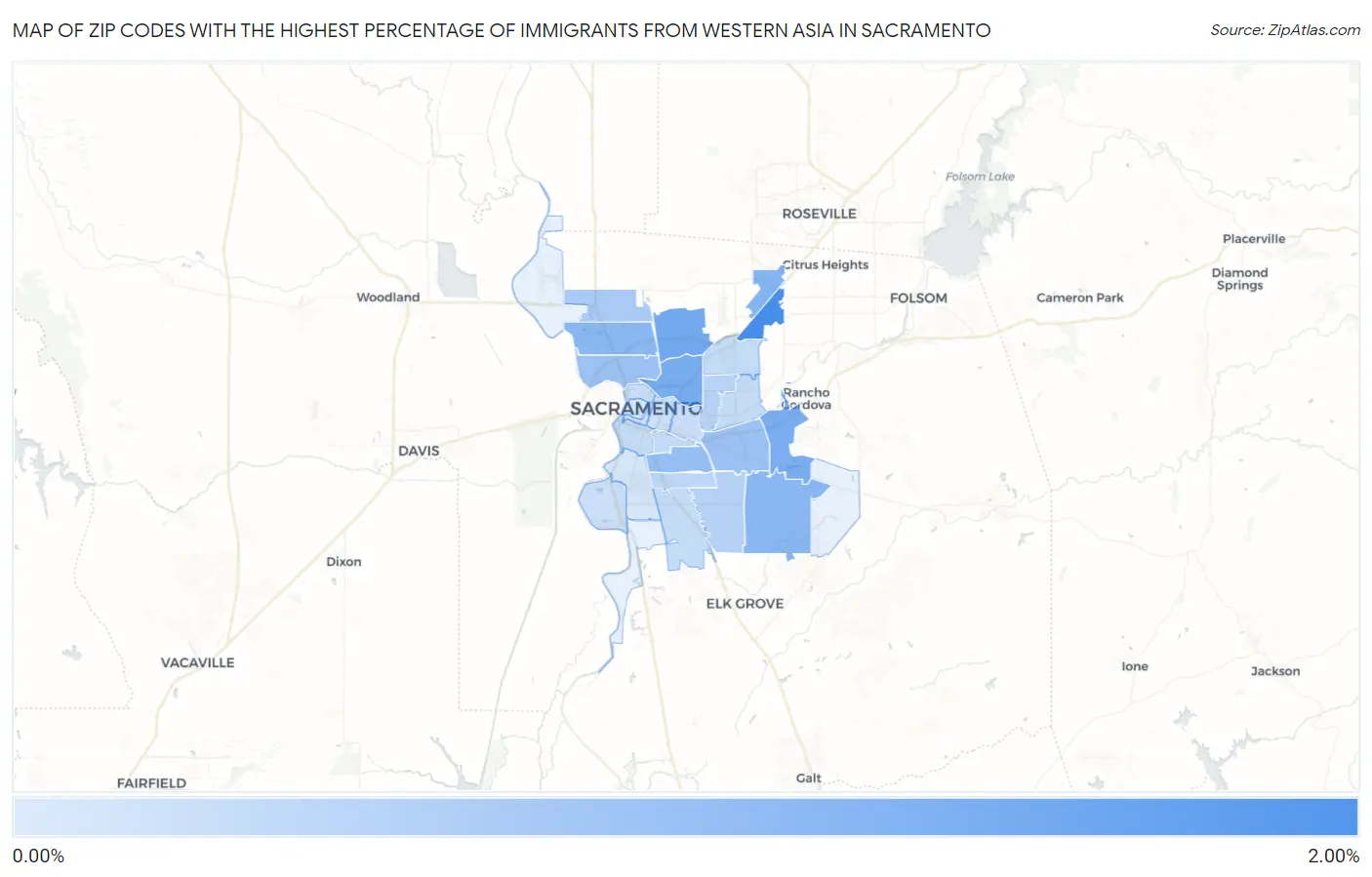 Zip Codes with the Highest Percentage of Immigrants from Western Asia in Sacramento Map