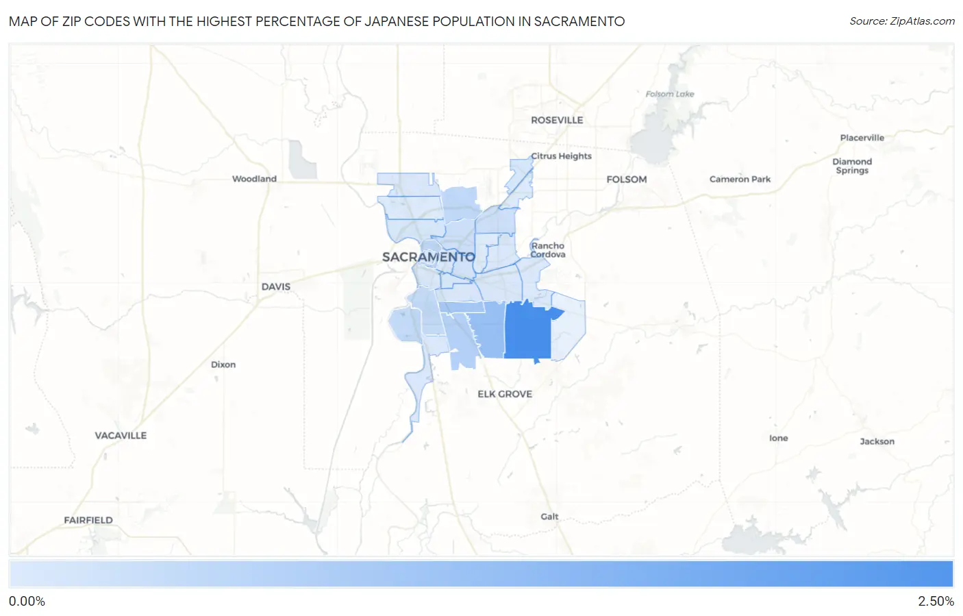 Zip Codes with the Highest Percentage of Japanese Population in Sacramento Map