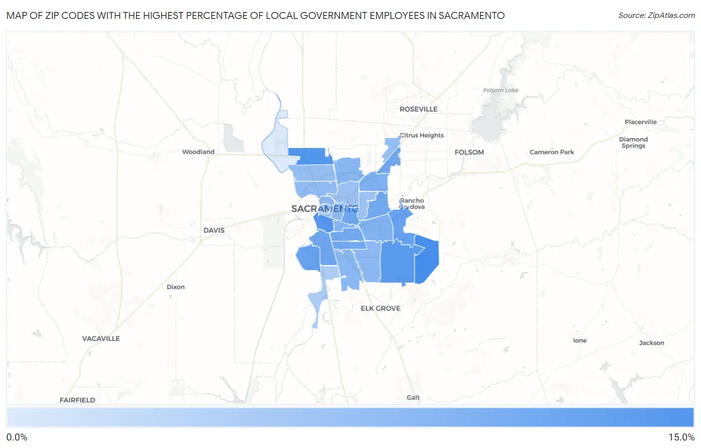 Zip Codes with the Highest Percentage of Local Government Employees in Sacramento Map