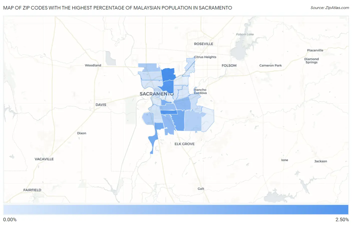 Zip Codes with the Highest Percentage of Malaysian Population in Sacramento Map