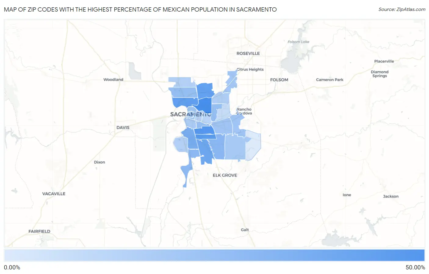 Zip Codes with the Highest Percentage of Mexican Population in Sacramento Map