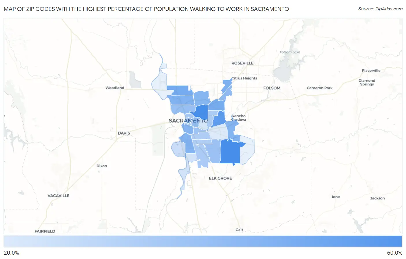 Zip Codes with the Highest Percentage of Population Walking to Work in Sacramento Map