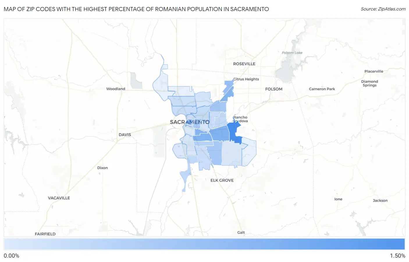 Zip Codes with the Highest Percentage of Romanian Population in Sacramento Map