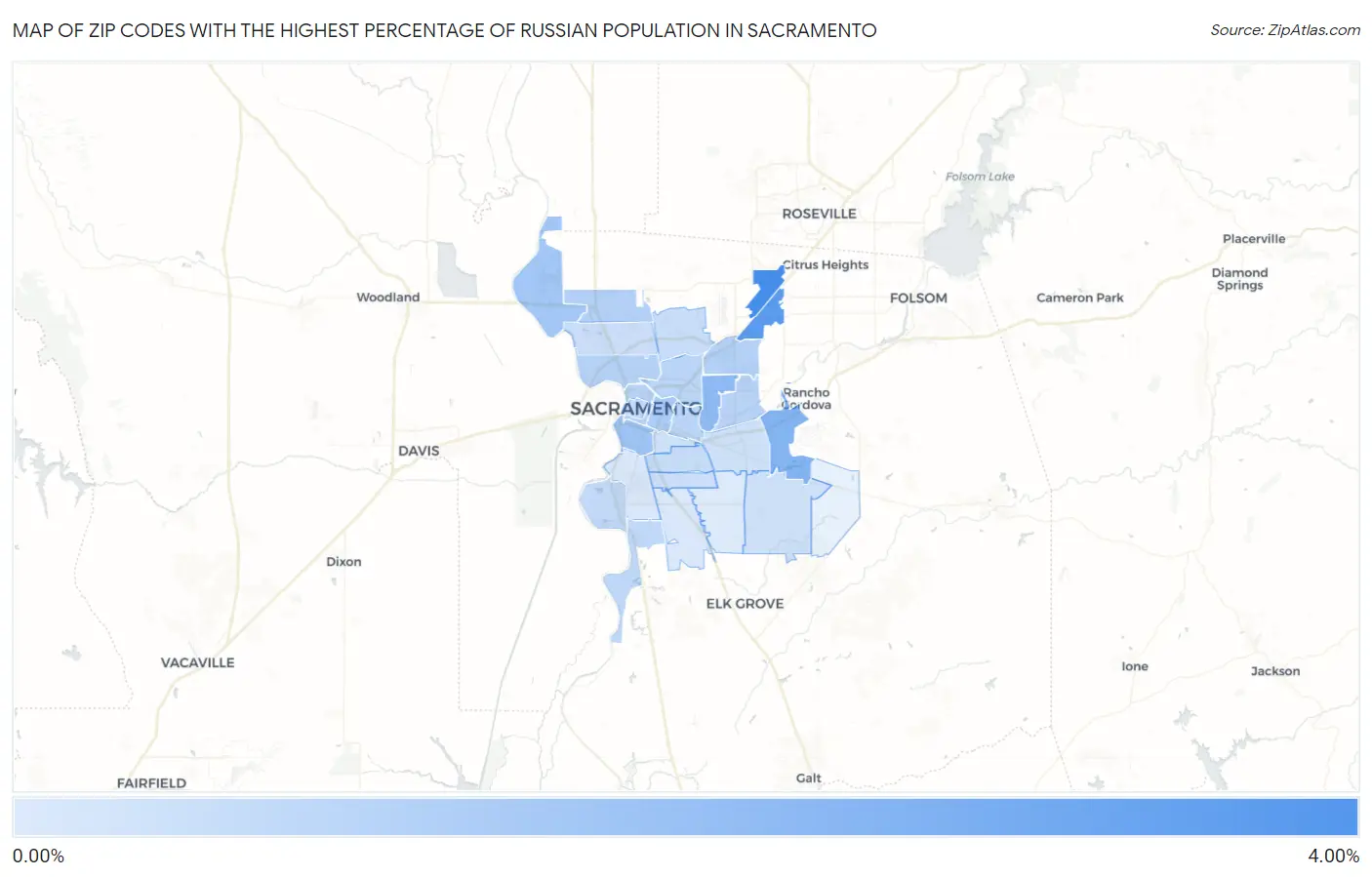 Zip Codes with the Highest Percentage of Russian Population in Sacramento Map