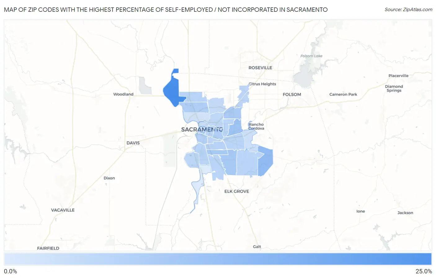 Zip Codes with the Highest Percentage of Self-Employed / Not Incorporated in Sacramento Map