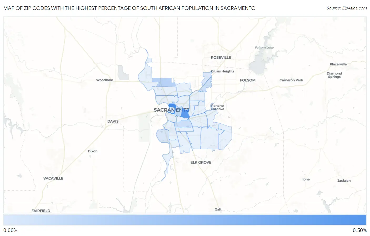 Zip Codes with the Highest Percentage of South African Population in Sacramento Map