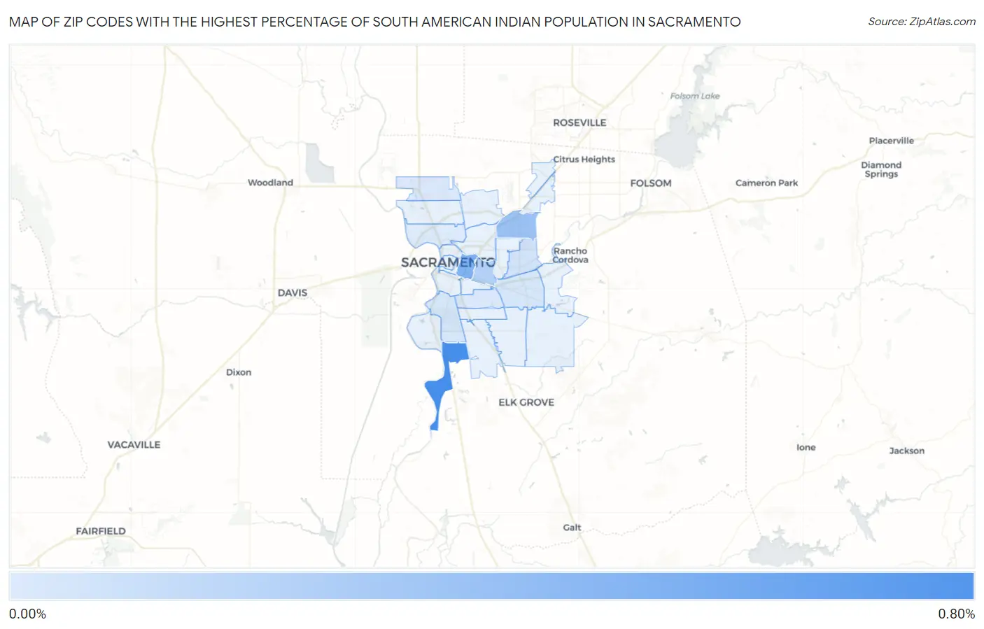 Zip Codes with the Highest Percentage of South American Indian Population in Sacramento Map