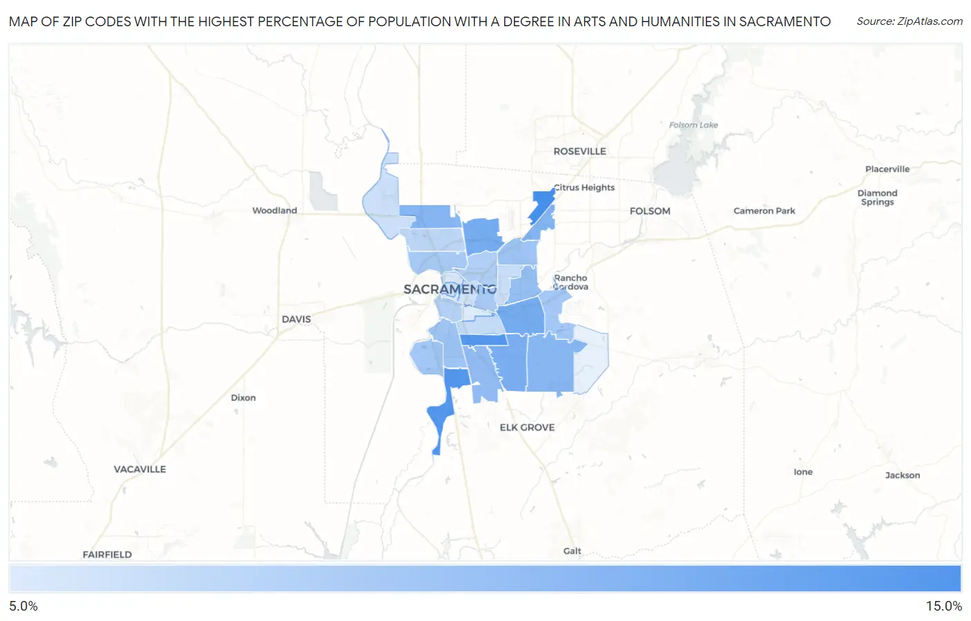 Zip Codes with the Highest Percentage of Population with a Degree in Arts and Humanities in Sacramento Map