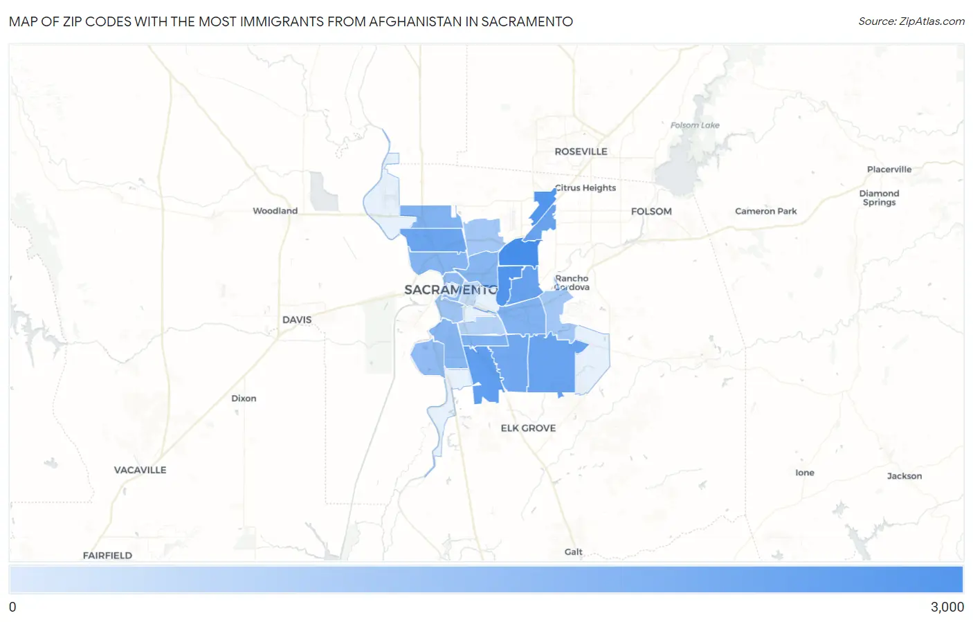 Zip Codes with the Most Immigrants from Afghanistan in Sacramento Map