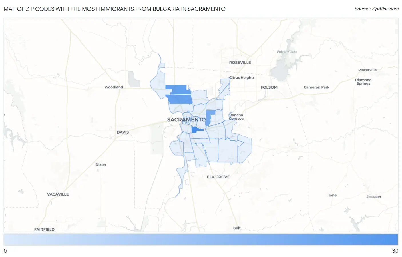 Zip Codes with the Most Immigrants from Bulgaria in Sacramento Map