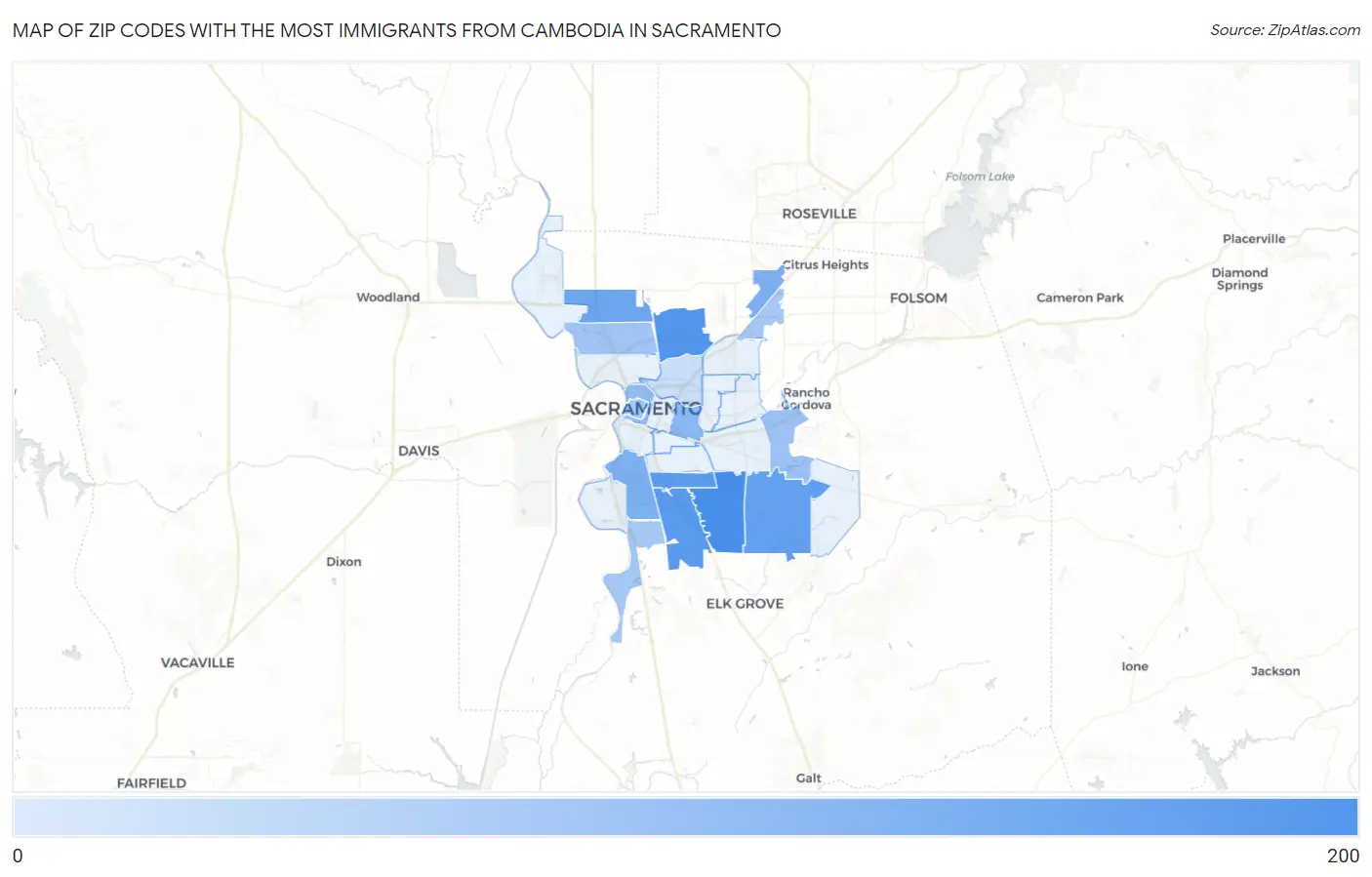 Zip Codes with the Most Immigrants from Cambodia in Sacramento Map