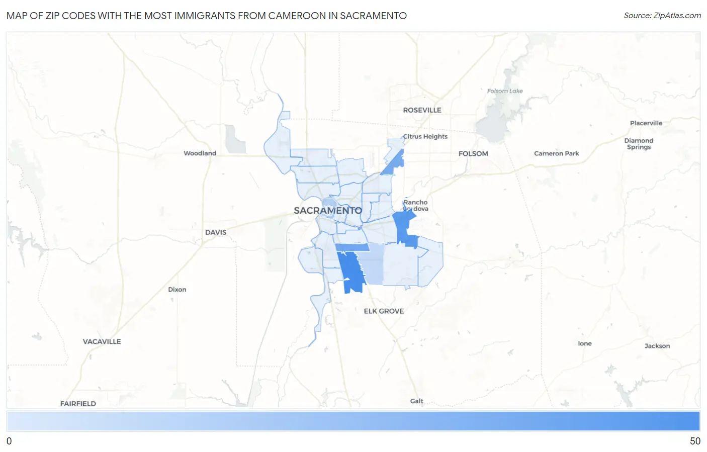 Zip Codes with the Most Immigrants from Cameroon in Sacramento Map
