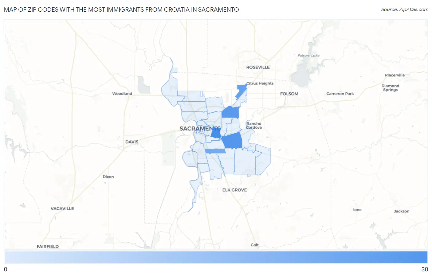 Zip Codes with the Most Immigrants from Croatia in Sacramento Map
