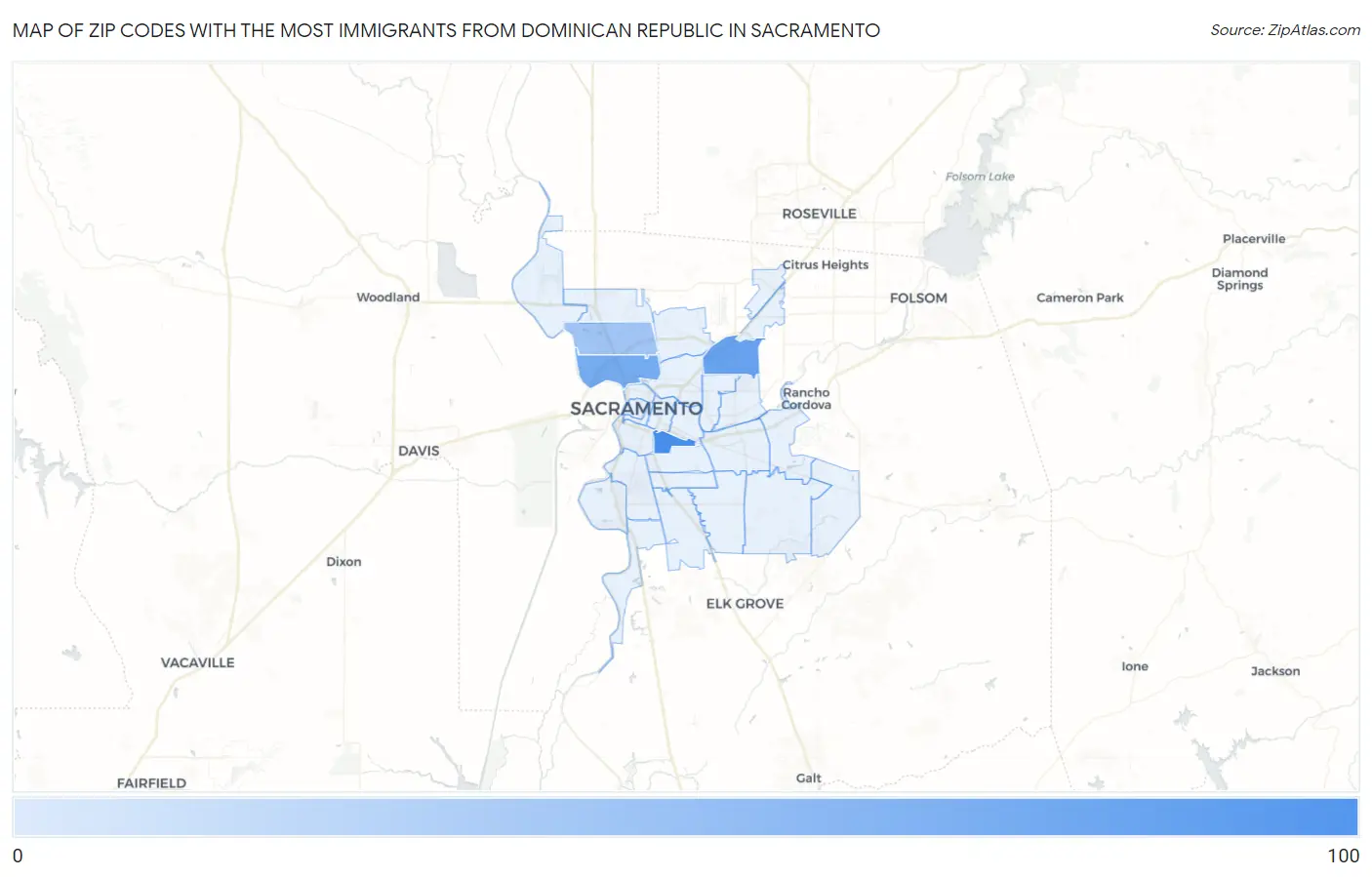 Zip Codes with the Most Immigrants from Dominican Republic in Sacramento Map