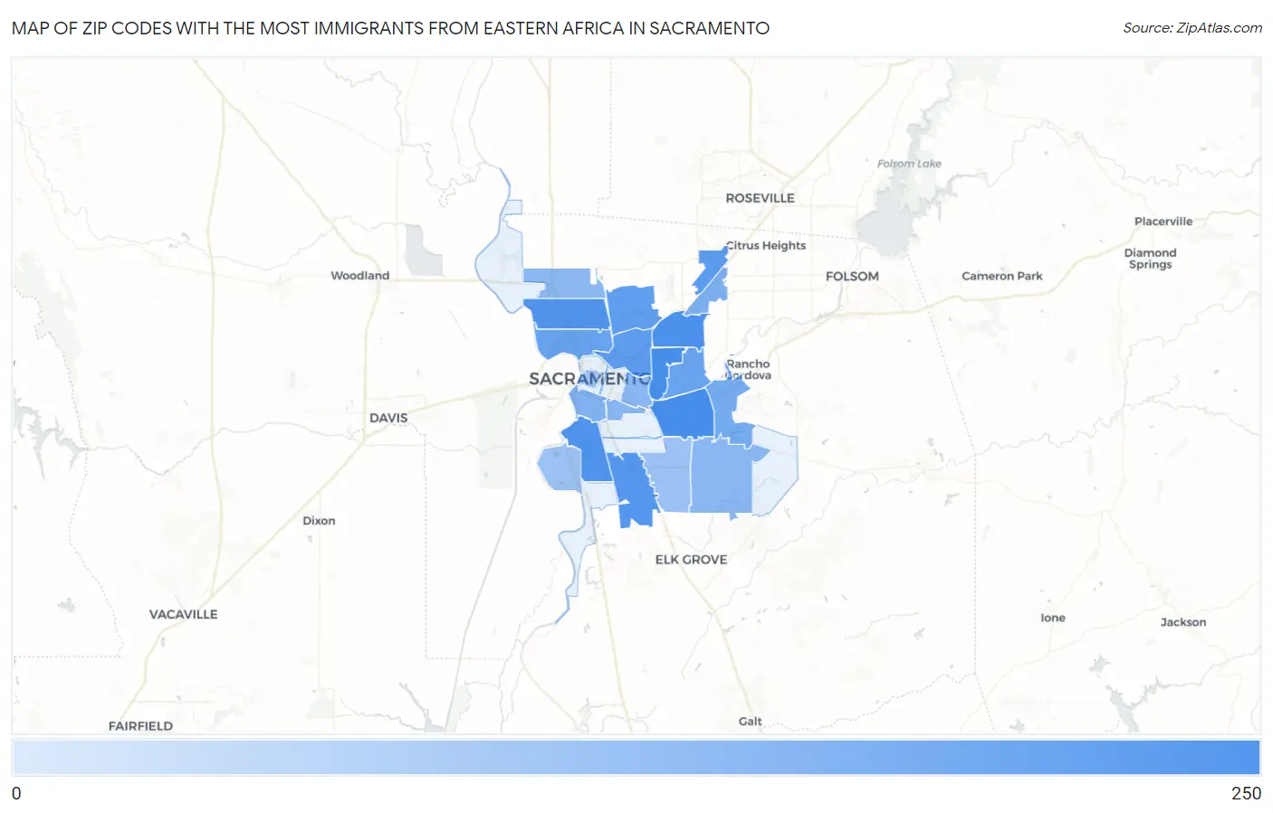 Zip Codes with the Most Immigrants from Eastern Africa in Sacramento Map