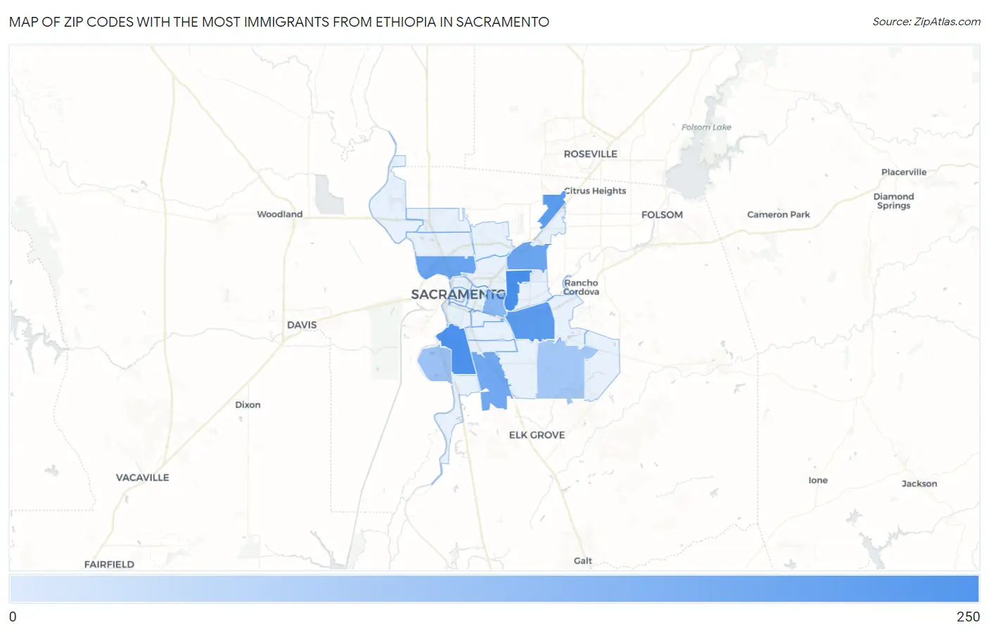 Zip Codes with the Most Immigrants from Ethiopia in Sacramento Map