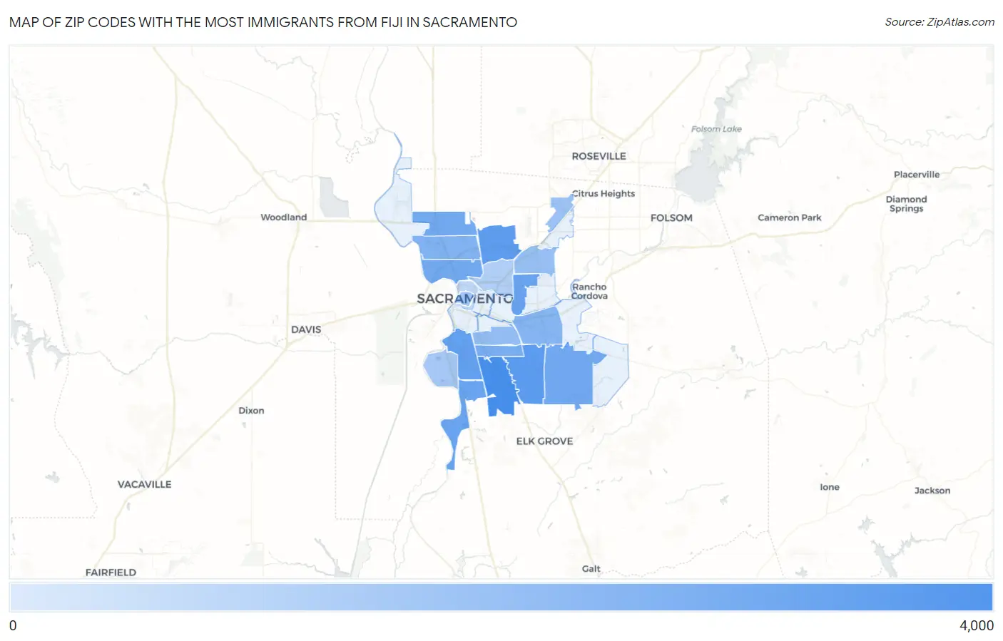 Zip Codes with the Most Immigrants from Fiji in Sacramento Map