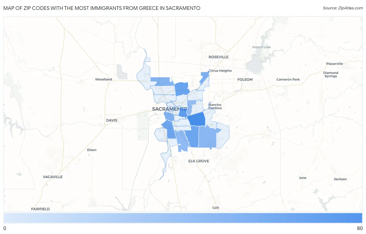 Zip Codes with the Most Immigrants from Greece in Sacramento Map
