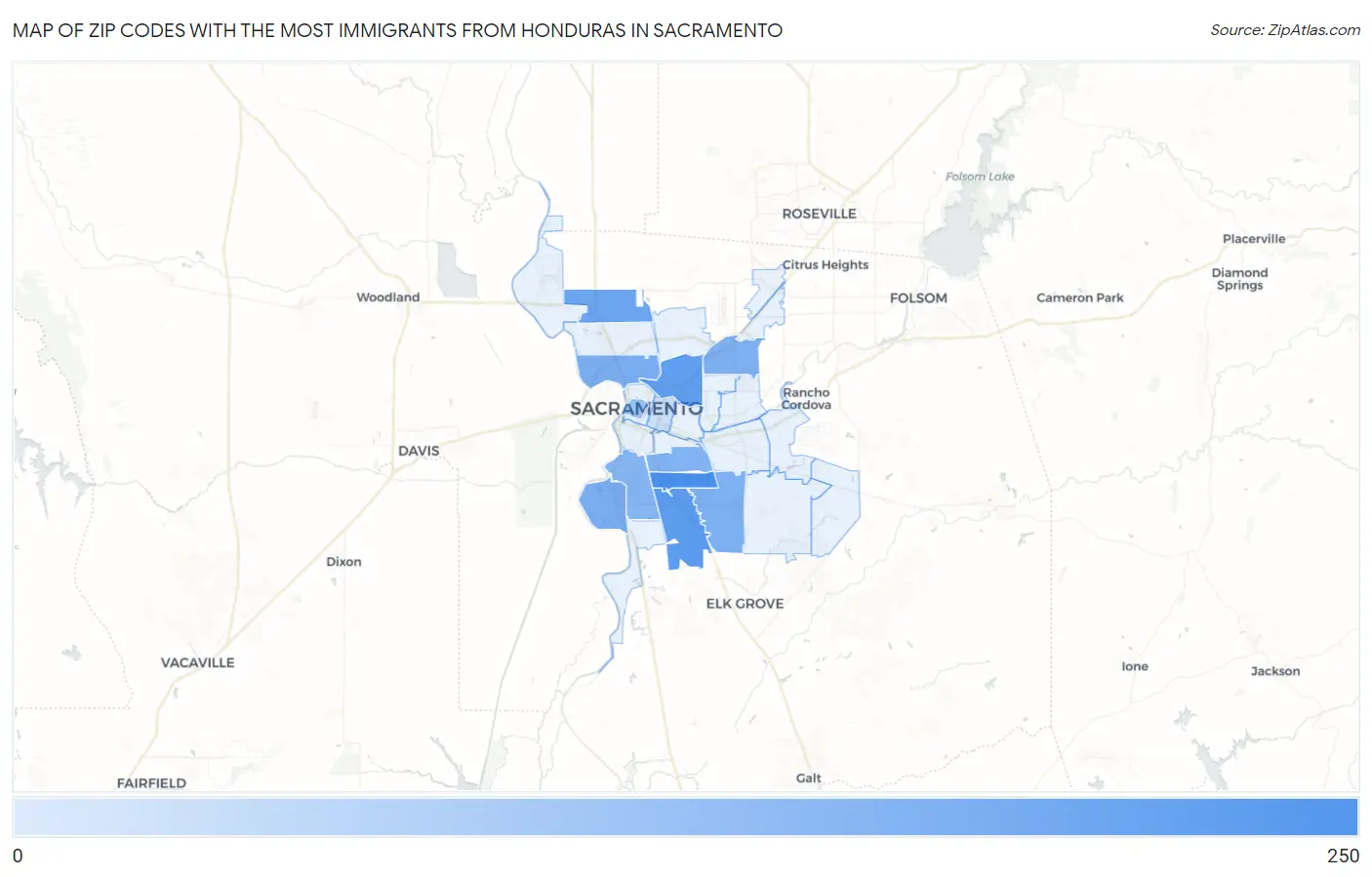 Zip Codes with the Most Immigrants from Honduras in Sacramento Map