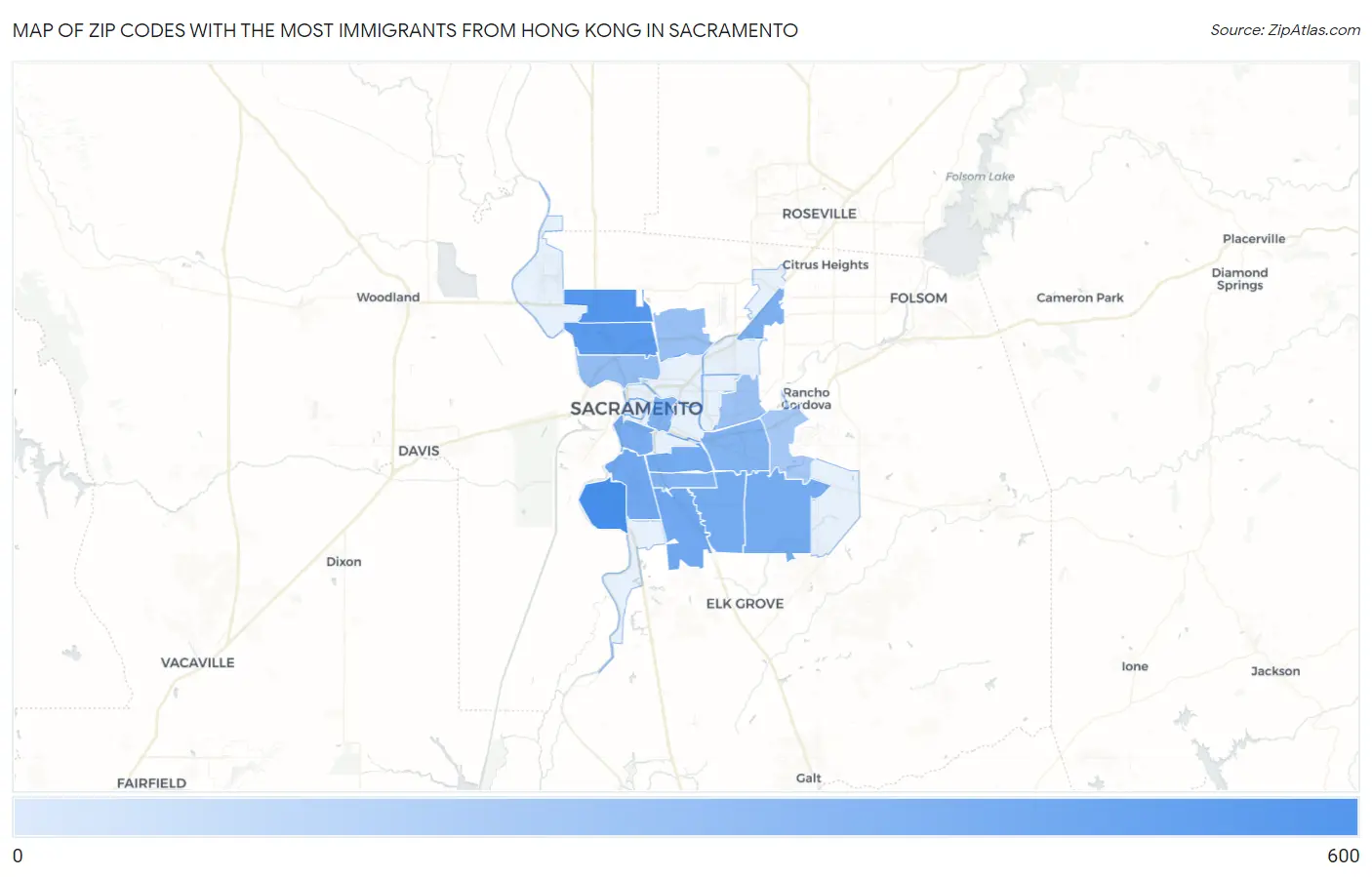 Zip Codes with the Most Immigrants from Hong Kong in Sacramento Map