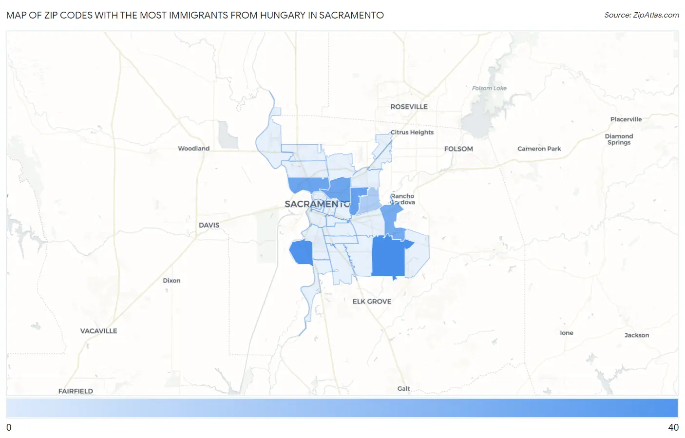Zip Codes with the Most Immigrants from Hungary in Sacramento Map