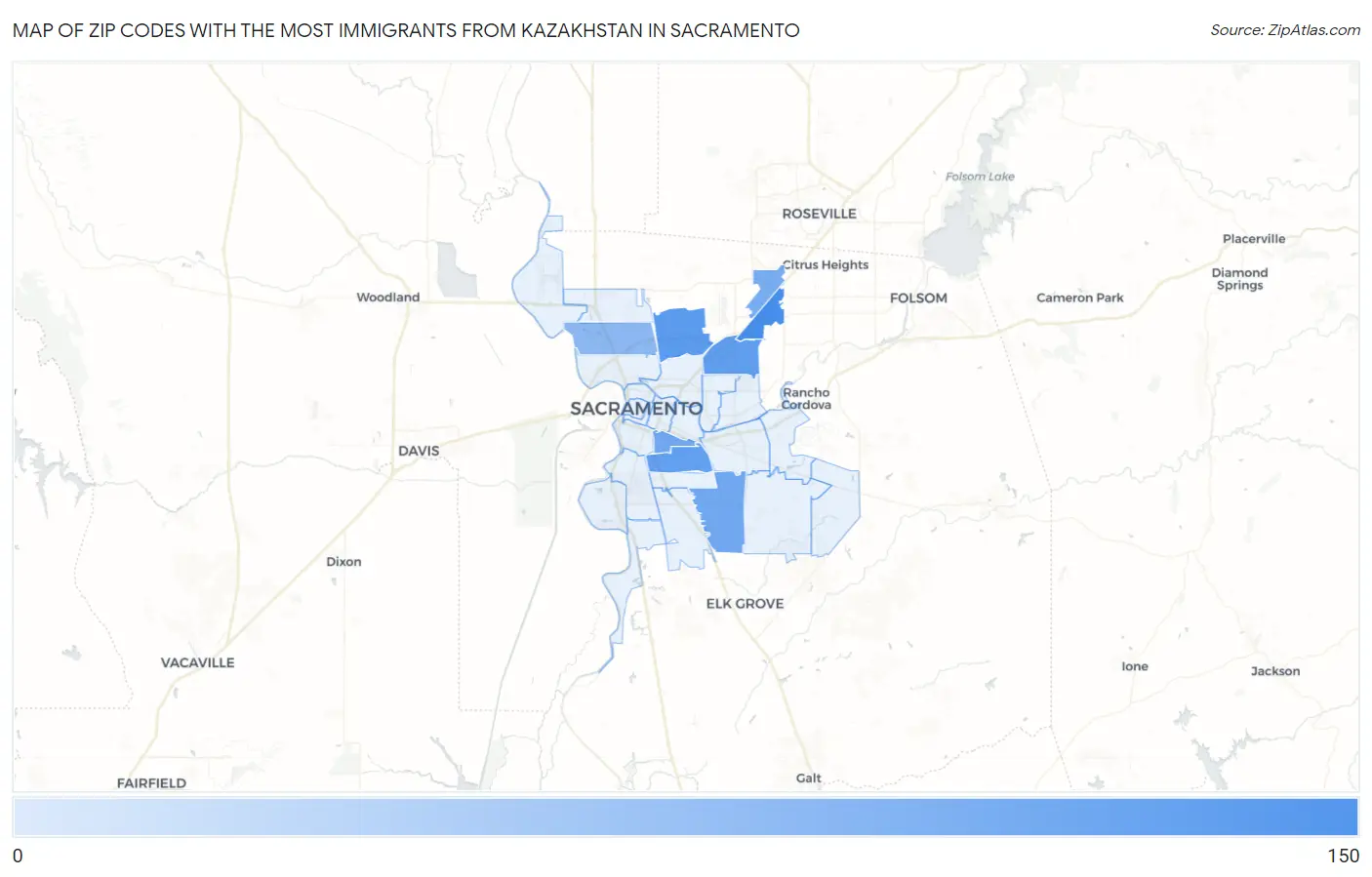 Zip Codes with the Most Immigrants from Kazakhstan in Sacramento Map