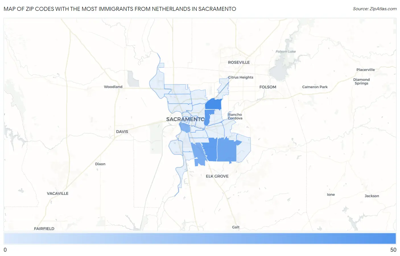 Zip Codes with the Most Immigrants from Netherlands in Sacramento Map
