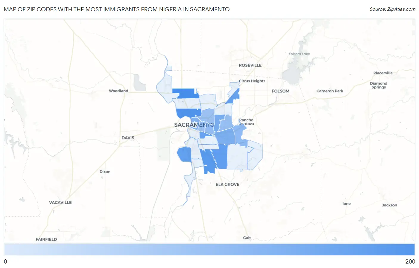 Zip Codes with the Most Immigrants from Nigeria in Sacramento Map