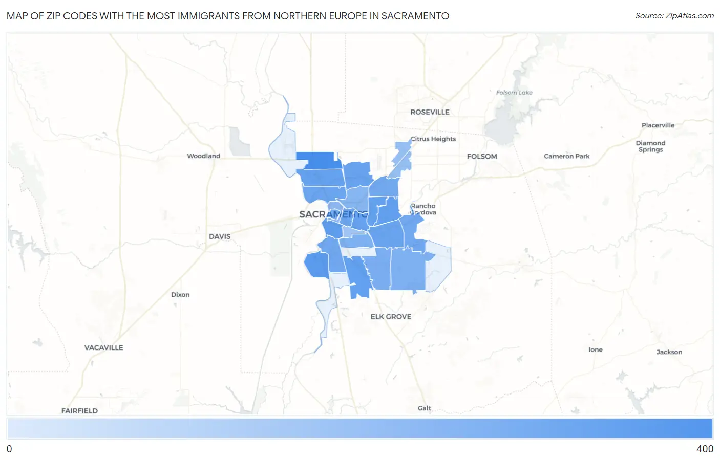 Zip Codes with the Most Immigrants from Northern Europe in Sacramento Map