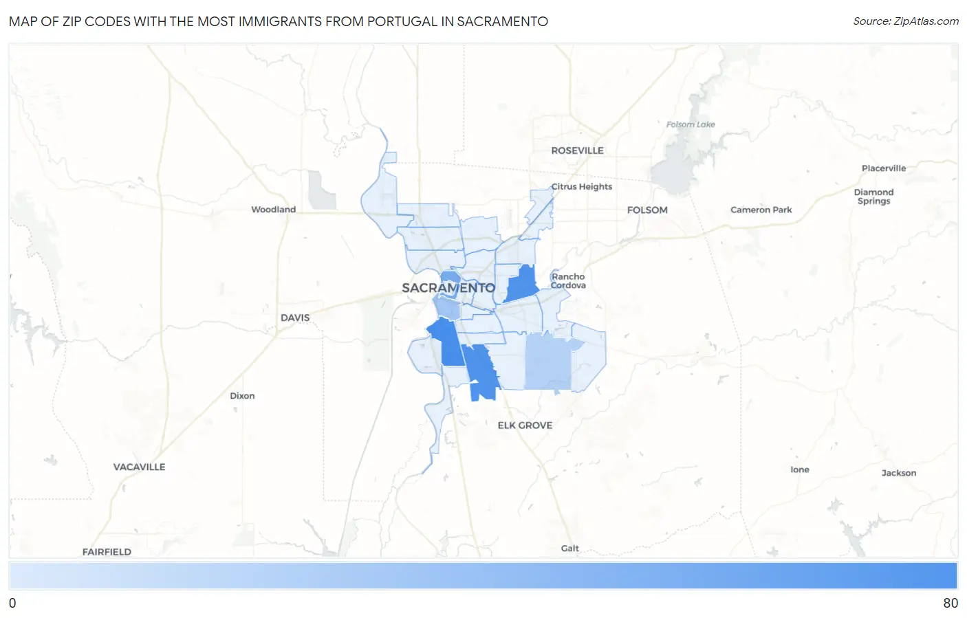 Zip Codes with the Most Immigrants from Portugal in Sacramento Map