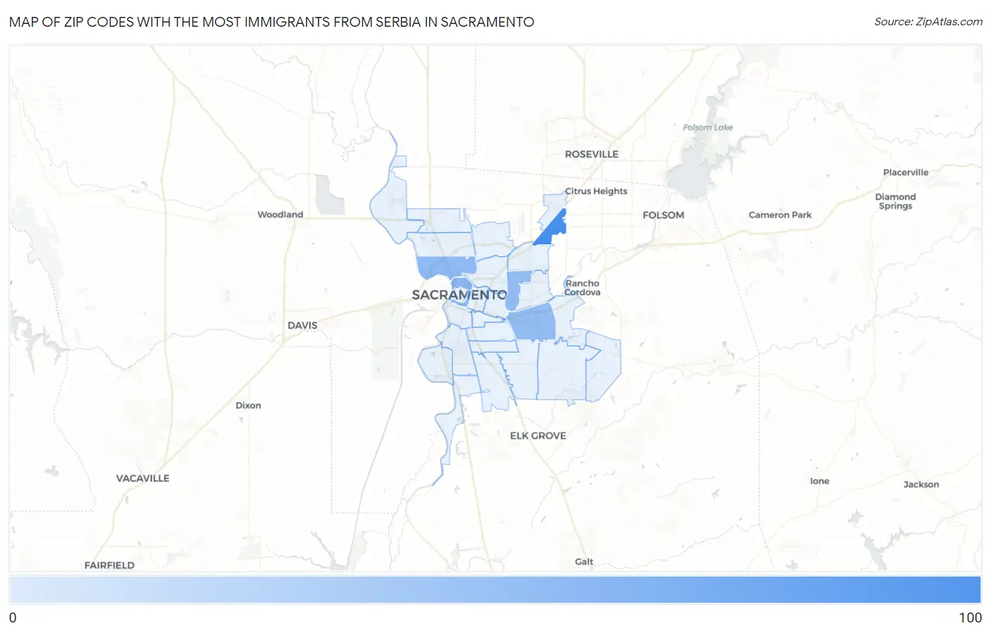 Zip Codes with the Most Immigrants from Serbia in Sacramento Map