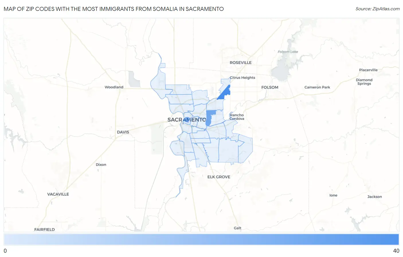 Zip Codes with the Most Immigrants from Somalia in Sacramento Map