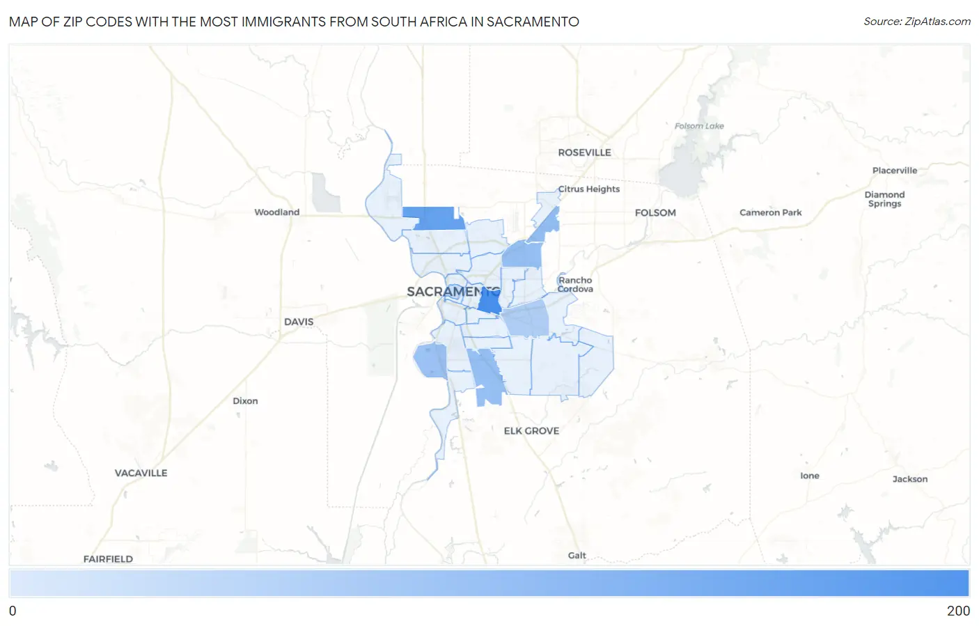 Zip Codes with the Most Immigrants from South Africa in Sacramento Map