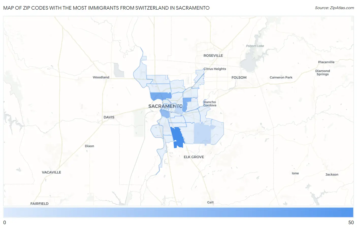 Zip Codes with the Most Immigrants from Switzerland in Sacramento Map