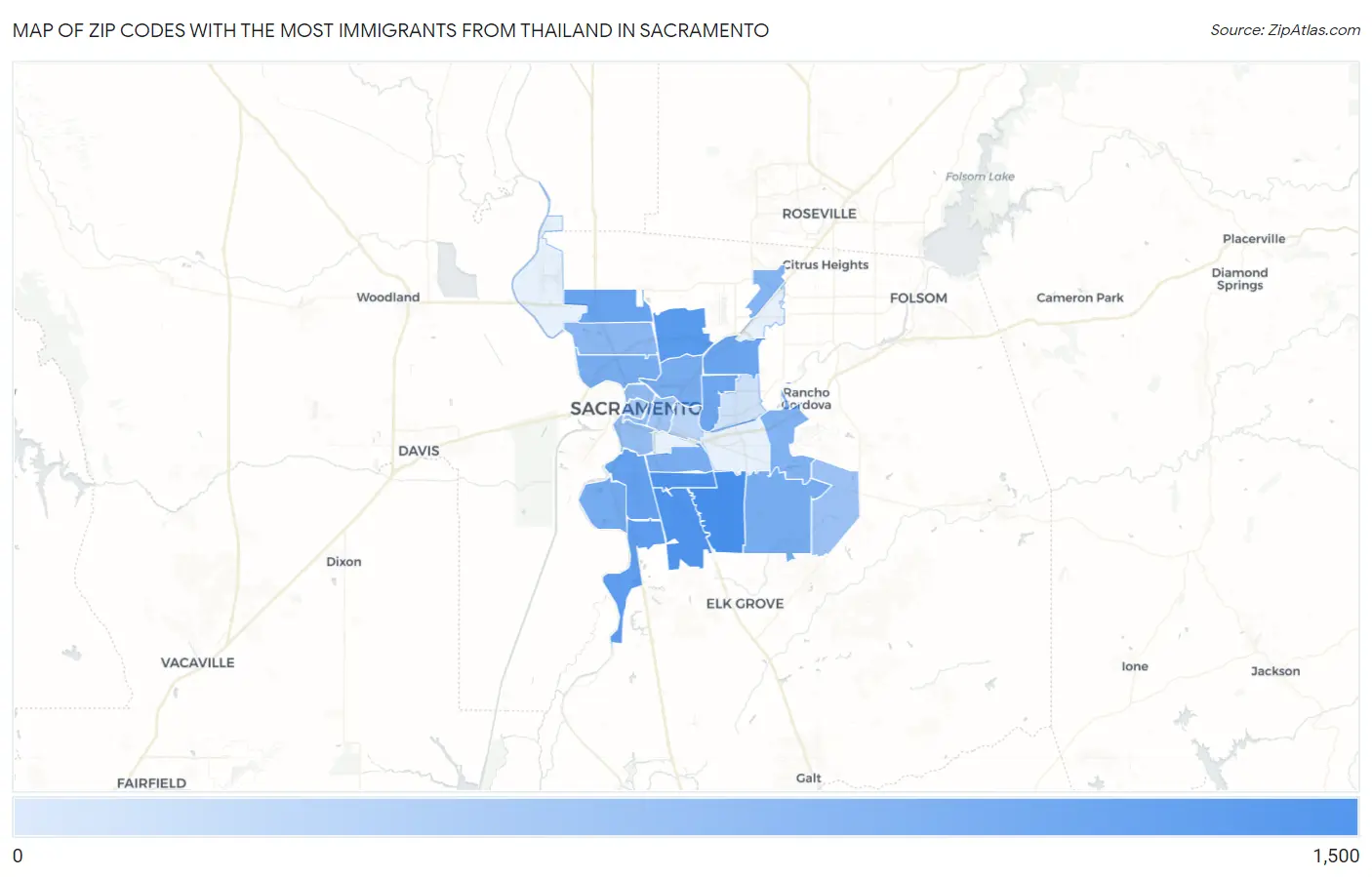 Zip Codes with the Most Immigrants from Thailand in Sacramento Map