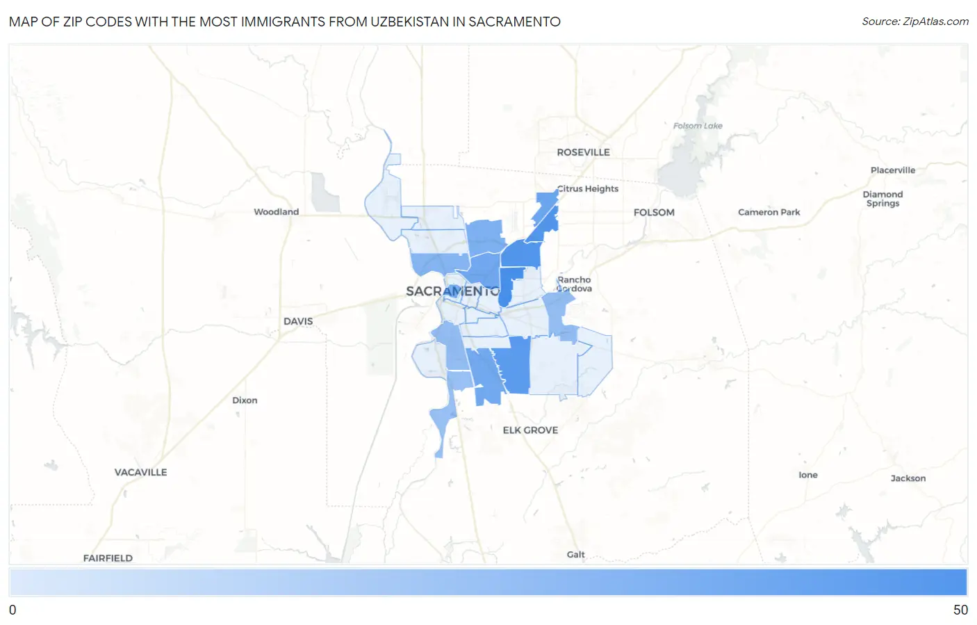 Zip Codes with the Most Immigrants from Uzbekistan in Sacramento Map