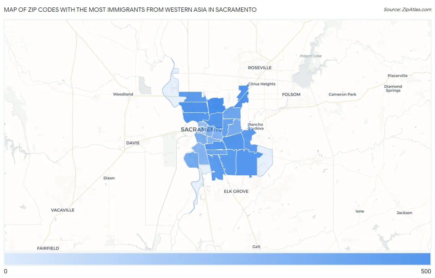 Zip Codes with the Most Immigrants from Western Asia in Sacramento Map