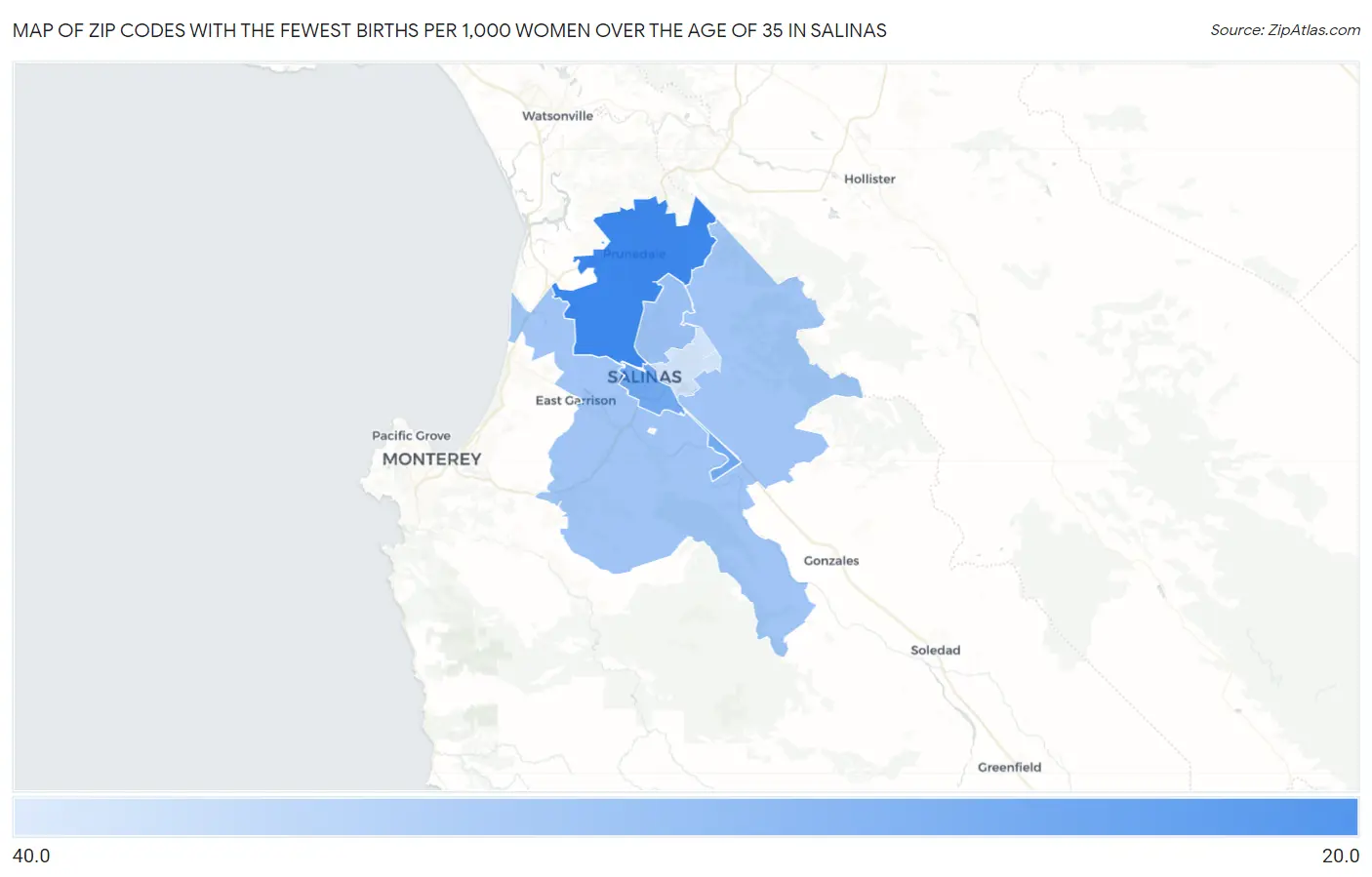 Zip Codes with the Fewest Births per 1,000 Women Over the Age of 35 in Salinas Map