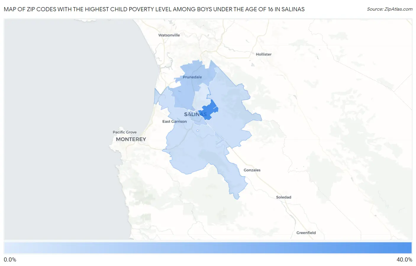 Zip Codes with the Highest Child Poverty Level Among Boys Under the Age of 16 in Salinas Map