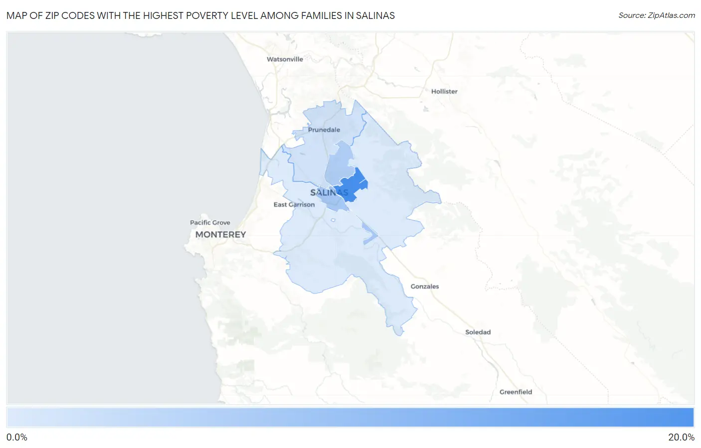 Zip Codes with the Highest Poverty Level Among Families in Salinas Map