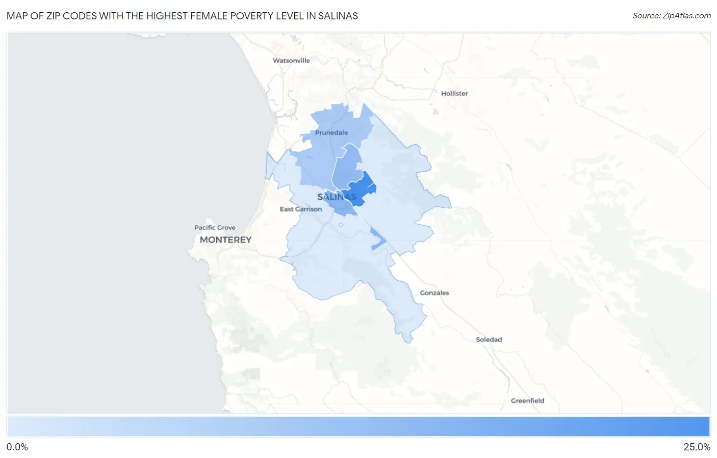 Zip Codes with the Highest Female Poverty Level in Salinas Map