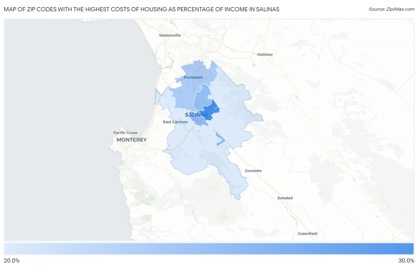 Zip Codes with the Highest Costs of Housing as Percentage of Income in Salinas Map