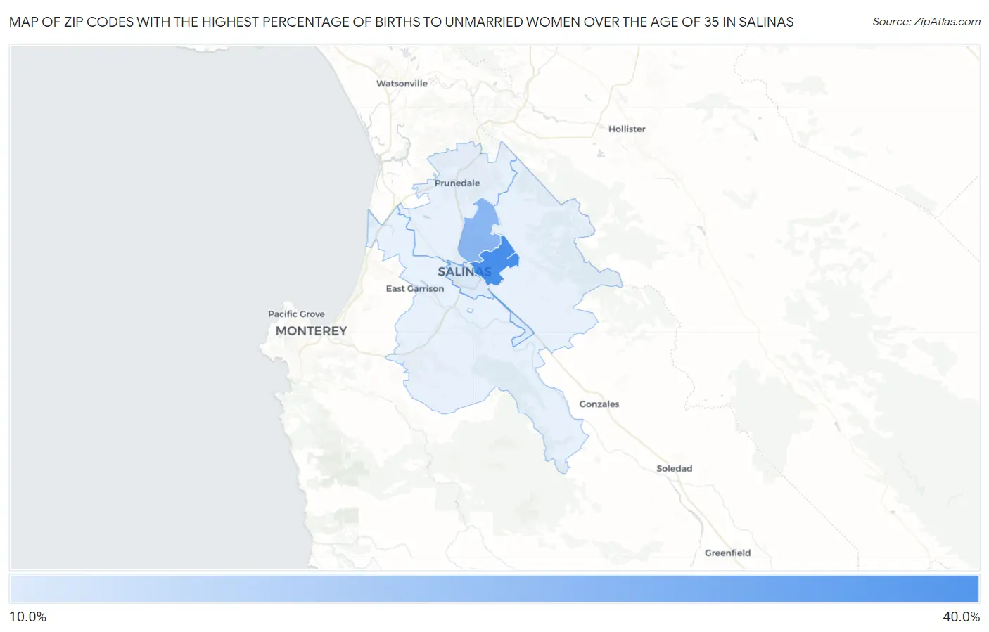 Zip Codes with the Highest Percentage of Births to Unmarried Women over the Age of 35 in Salinas Map