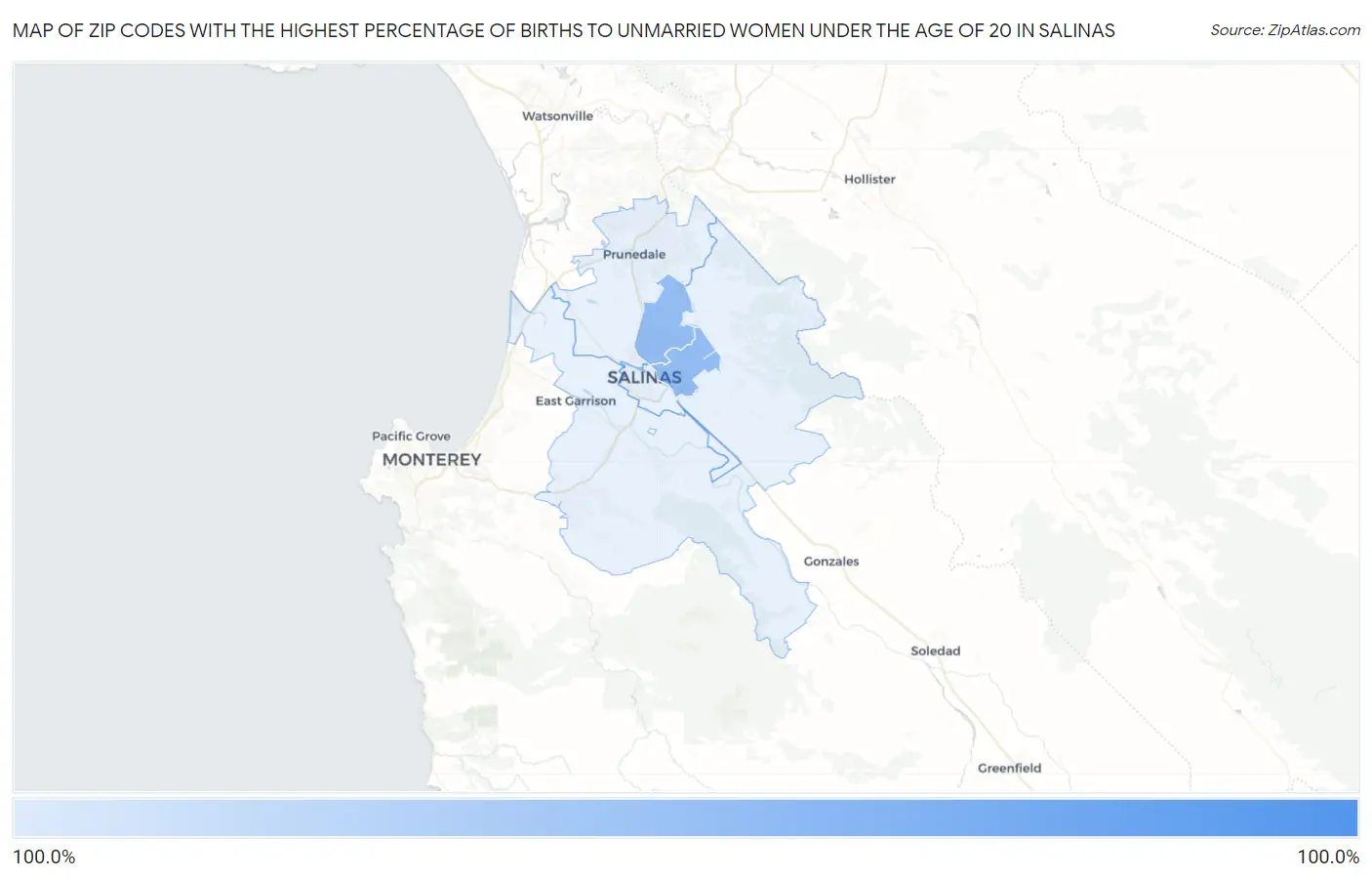 Zip Codes with the Highest Percentage of Births to Unmarried Women under the Age of 20 in Salinas Map