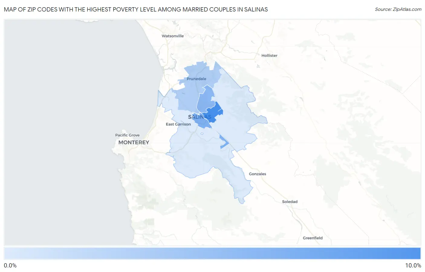Zip Codes with the Highest Poverty Level Among Married Couples in Salinas Map